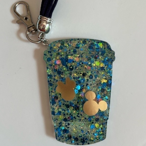 Handmade Green & Blue Glitter Coffee Cup Resin Key Chain Bag Charm Mickey Minnie - Picture 2 of 3